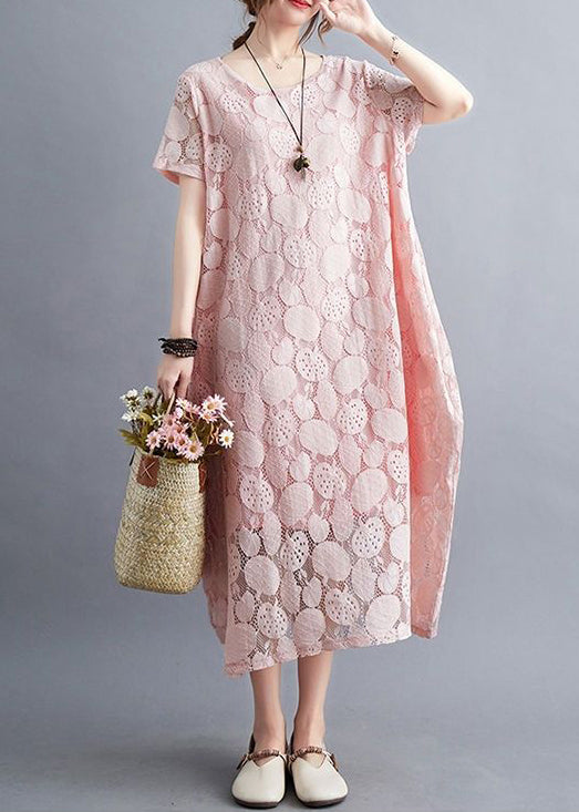 Fashion Pink O-Neck Embroideried Lace Dress Summer LY0505 - fabuloryshop