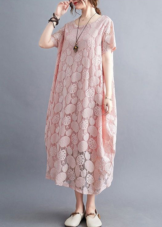 Fashion Pink O-Neck Embroideried Lace Dress Summer LY0505 - fabuloryshop