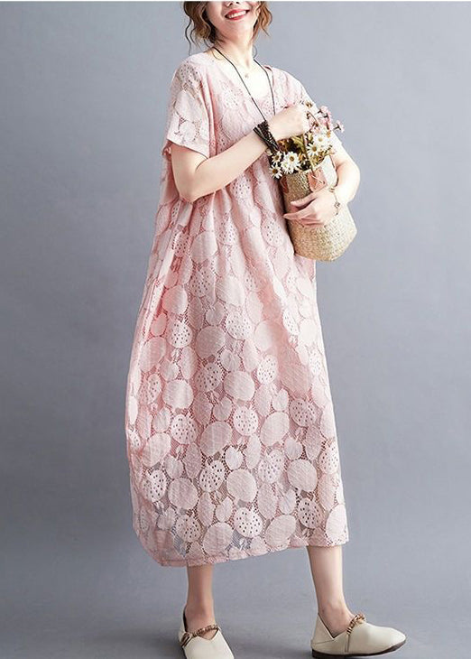 Fashion Pink O-Neck Embroideried Lace Dress Summer LY0505 - fabuloryshop