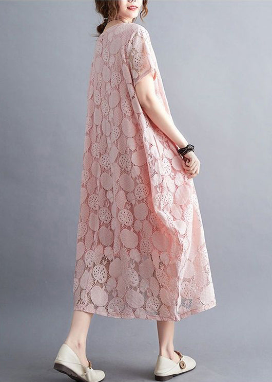 Fashion Pink O-Neck Embroideried Lace Dress Summer LY0505 - fabuloryshop