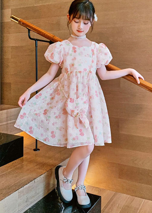 Fashion Pink O Neck Print Patchwork Chiffon Kids Girls Princess Dress Summer LY5483 - fabuloryshop