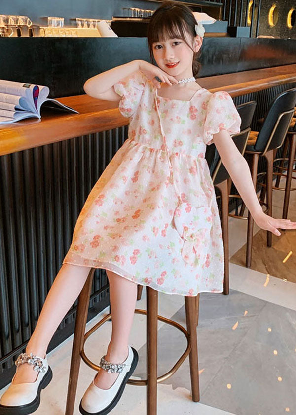 Fashion Pink O Neck Print Patchwork Chiffon Kids Girls Princess Dress Summer LY5483 - fabuloryshop