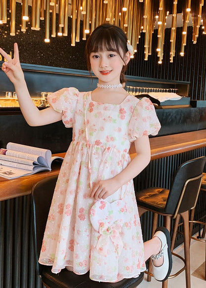 Fashion Pink O Neck Print Patchwork Chiffon Kids Girls Princess Dress Summer LY5483 - fabuloryshop