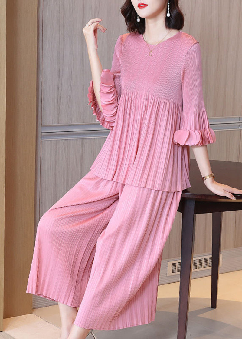 Fashion Pink O-Neck Wrinkled Two Piece Set Outfits Flare Sleeve LY2740 - fabuloryshop