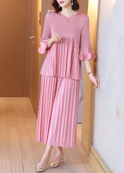 Fashion Pink O-Neck Wrinkled Two Piece Set Outfits Flare Sleeve LY2740 - fabuloryshop