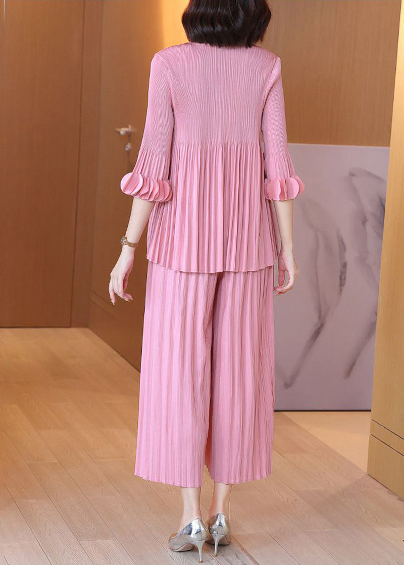 Fashion Pink O-Neck Wrinkled Two Piece Set Outfits Flare Sleeve LY2740 - fabuloryshop