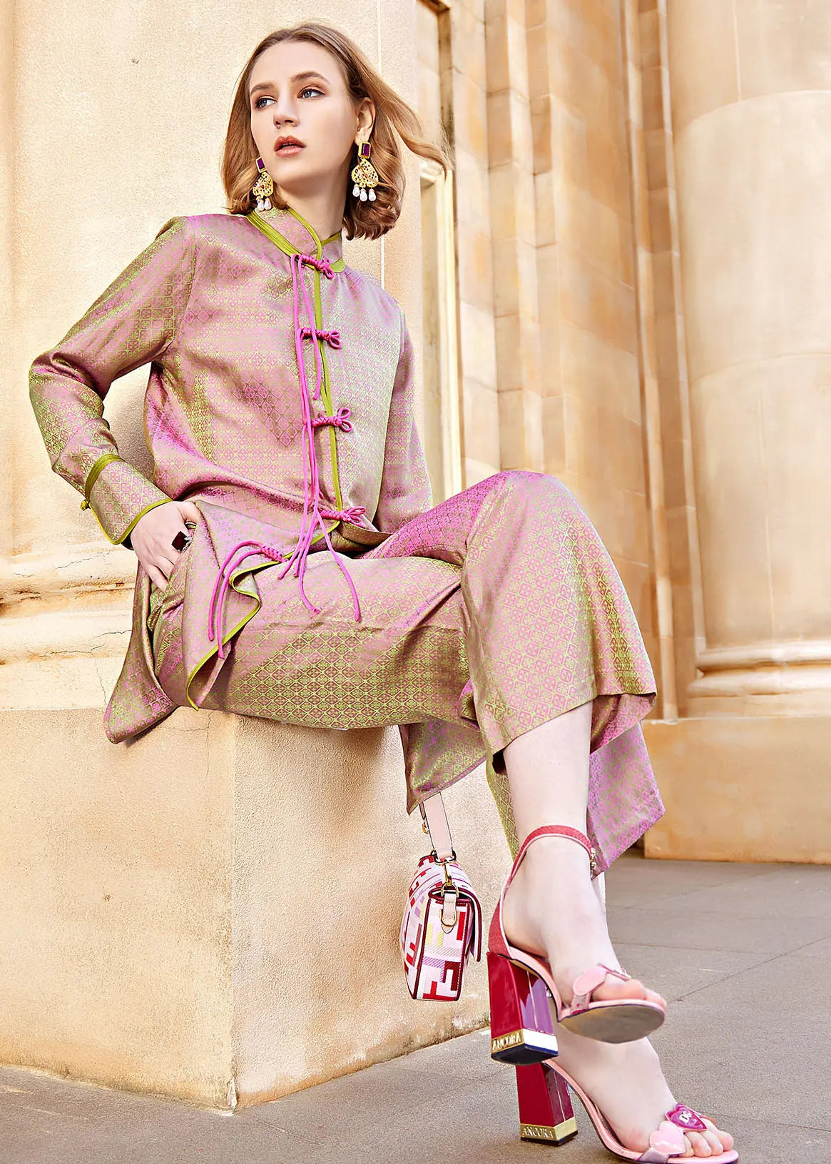 Fashion Pink Print Silk Cotton Shirts And Crop Pants Two Pieces Set Fall Ada Fashion