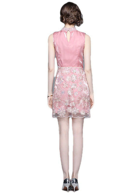 Fashion Pink Ruffled Embroidery Sequins Patchwork Silk Two Pieces Set Sleeveless LY7431 - fabuloryshop