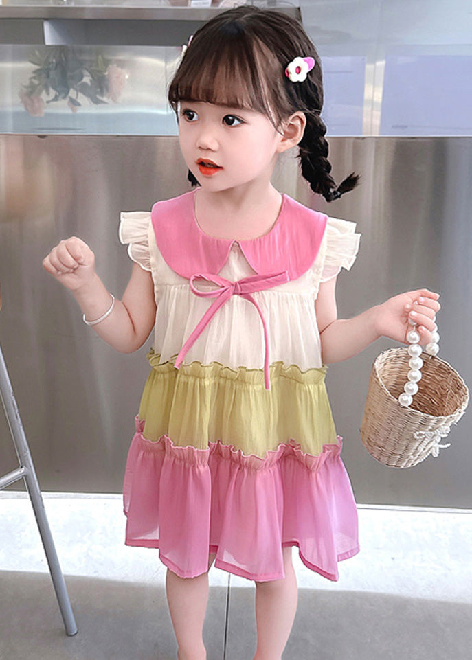 Fashion Pink Ruffled Patchwork Cotton Kids Vacation Mid Dress Sleeveless Ada Fashion