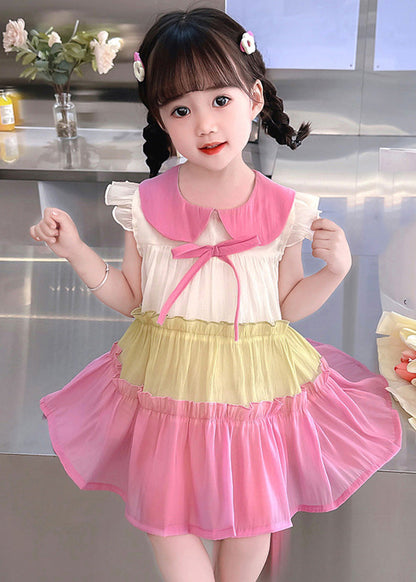 Fashion Pink Ruffled Patchwork Cotton Kids Vacation Mid Dress Sleeveless Ada Fashion