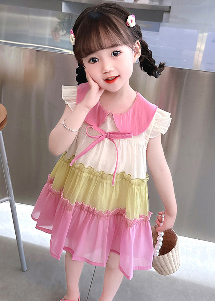 Fashion Pink Ruffled Patchwork Cotton Kids Vacation Mid Dress Sleeveless Ada Fashion