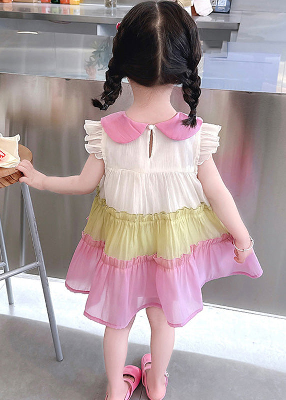 Fashion Pink Ruffled Patchwork Cotton Kids Vacation Mid Dress Sleeveless Ada Fashion