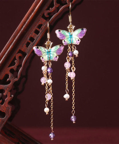 Fashion Pink Sterling Silver Pearl Chalcedony Butterfly Tassel Drop Earrings LY2311 - fabuloryshop