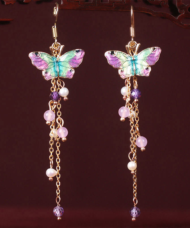 Fashion Pink Sterling Silver Pearl Chalcedony Butterfly Tassel Drop Earrings LY2311 - fabuloryshop