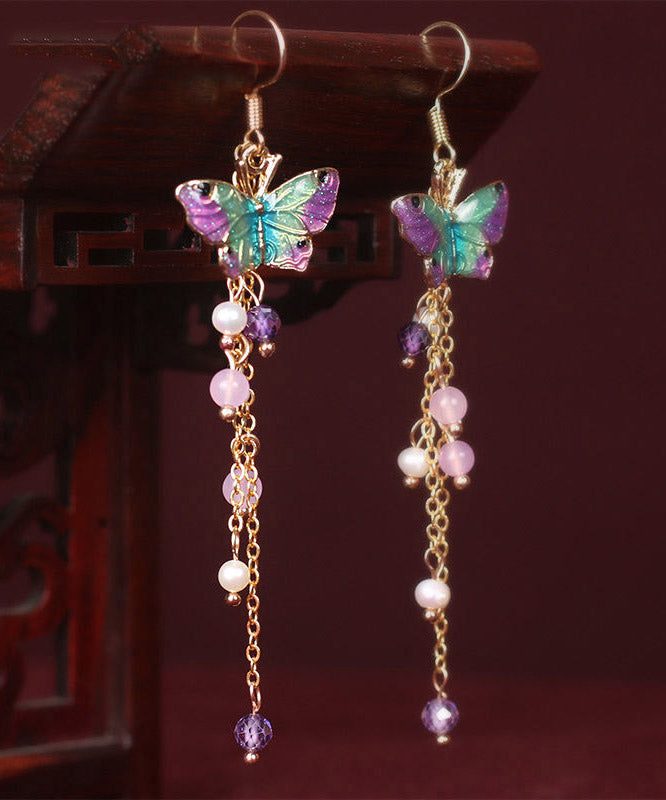 Fashion Pink Sterling Silver Pearl Chalcedony Butterfly Tassel Drop Earrings LY2311 - fabuloryshop