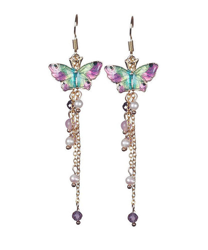 Fashion Pink Sterling Silver Pearl Chalcedony Butterfly Tassel Drop Earrings LY2311 - fabuloryshop