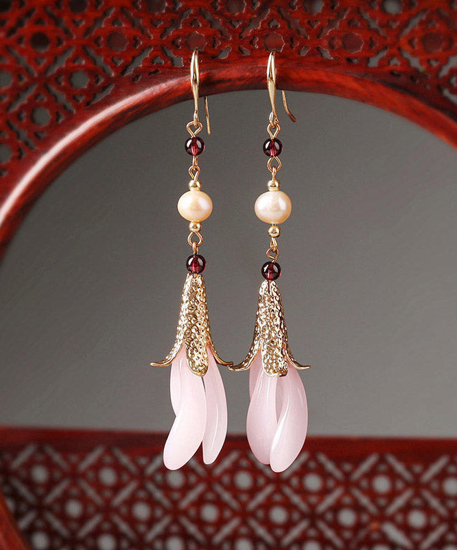 Fashion Pink Sterling Silver Peatl Coloured Glazes Floral Drop Earrings LY2043 - fabuloryshop