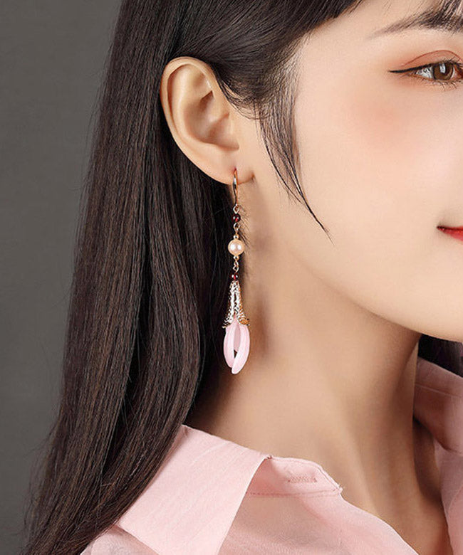 Fashion Pink Sterling Silver Peatl Coloured Glazes Floral Drop Earrings LY2043 - fabuloryshop