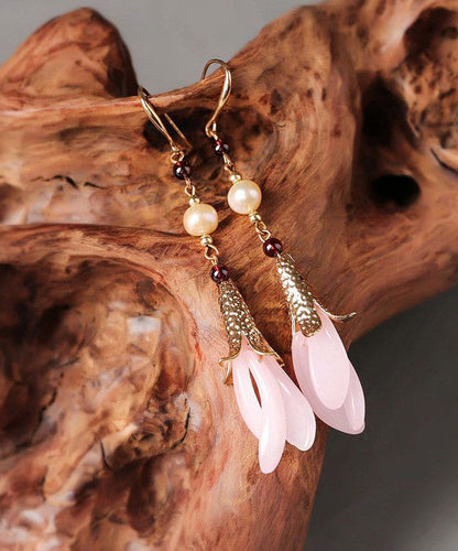 Fashion Pink Sterling Silver Peatl Coloured Glazes Floral Drop Earrings LY2043 - fabuloryshop