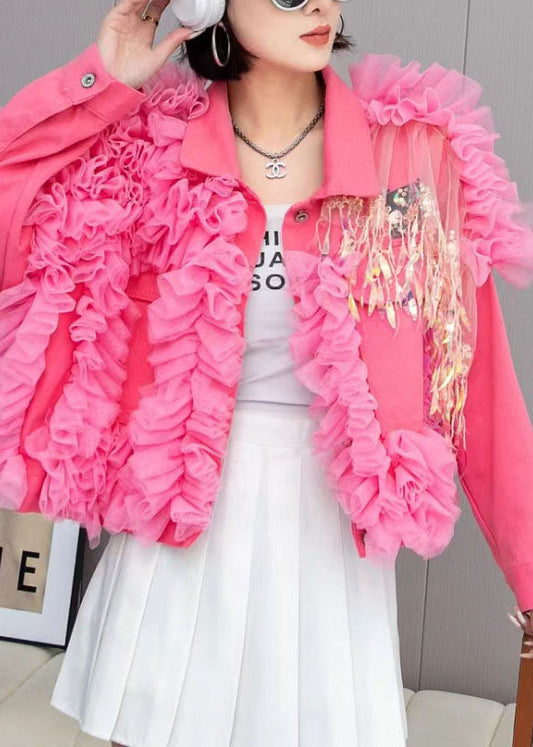 Fashion Pink Tulle Ruffled Tasseled Patchwork Denim Jackets Spring LY3984 - fabuloryshop