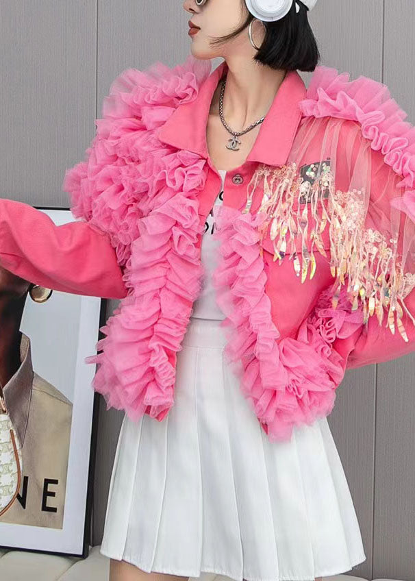 Fashion Pink Tulle Ruffled Tasseled Patchwork Denim Jackets Spring LY3984 - fabuloryshop