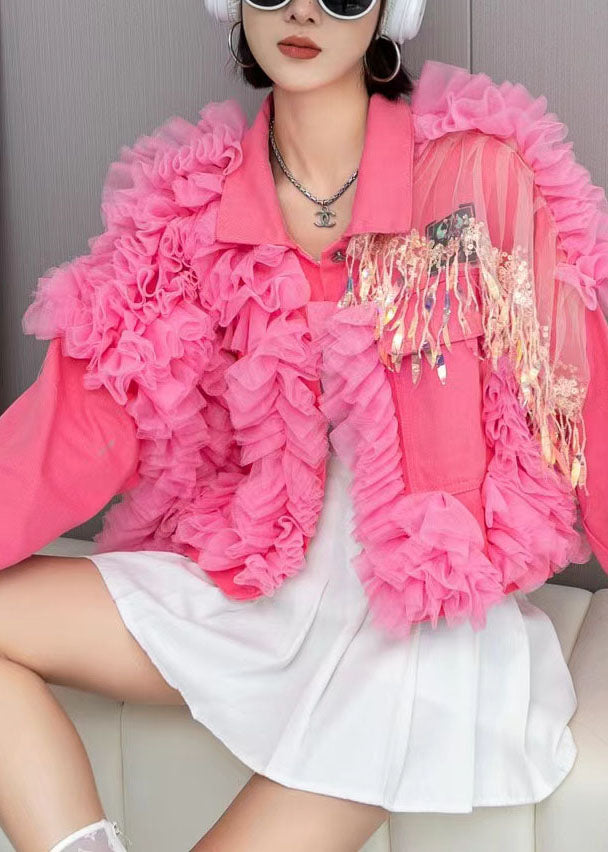 Fashion Pink Tulle Ruffled Tasseled Patchwork Denim Jackets Spring LY3984 - fabuloryshop