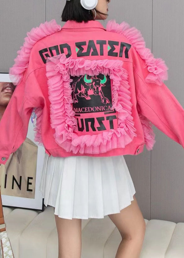 Fashion Pink Tulle Ruffled Tasseled Patchwork Denim Jackets Spring LY3984 - fabuloryshop