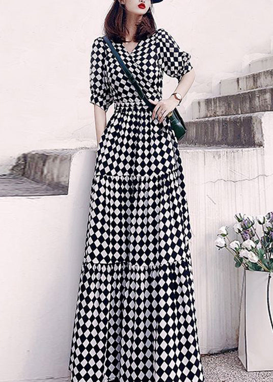 Fashion Plaid V Neck High Waist Patchwork Cotton Long Dresses Summer Ada Fashion