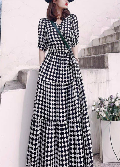 Fashion Plaid V Neck High Waist Patchwork Cotton Long Dresses Summer Ada Fashion