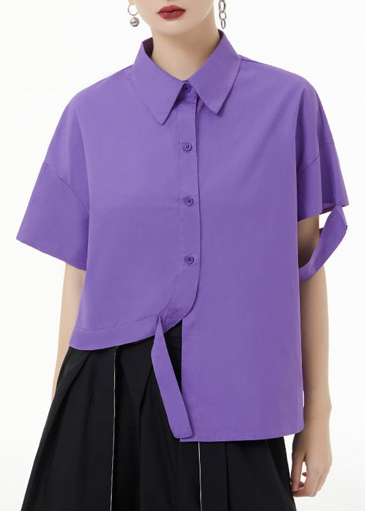 Fashion Purple Asymmetrical Button Patchwork Cotton Shirt Top Short Sleeve Ada Fashion