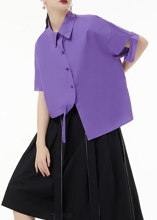 Fashion Purple Asymmetrical Button Patchwork Cotton Shirt Top Short Sleeve Ada Fashion