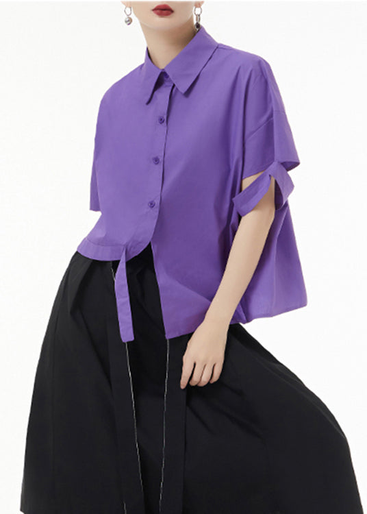 Fashion Purple Asymmetrical Button Patchwork Cotton Shirt Top Short Sleeve Ada Fashion