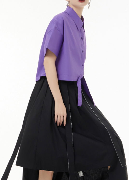 Fashion Purple Asymmetrical Button Patchwork Cotton Shirt Top Short Sleeve Ada Fashion