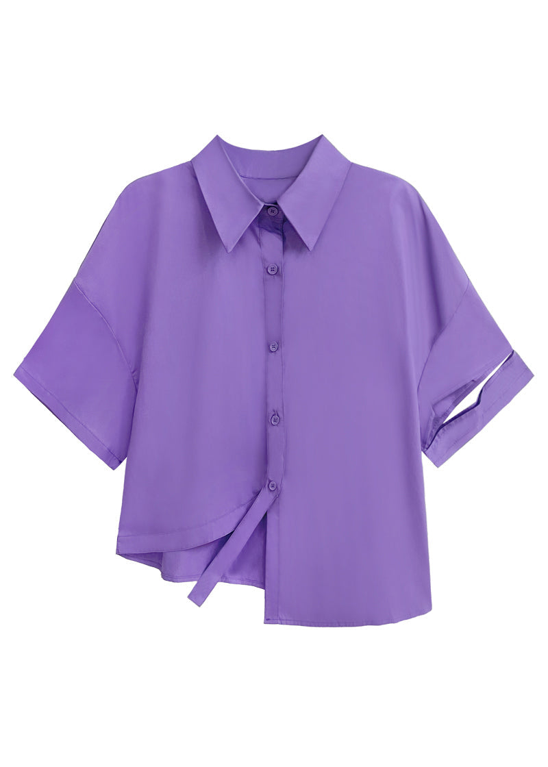 Fashion Purple Asymmetrical Button Patchwork Cotton Shirt Top Short Sleeve Ada Fashion