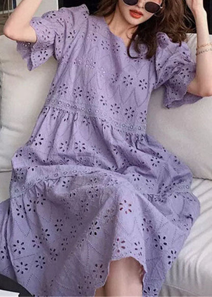 Fashion Purple Embroideried Hollow Out Patchwork Cotton Dress Puff Sleeve LY2195 - fabuloryshop