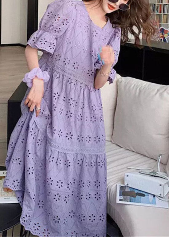 Fashion Purple Embroideried Hollow Out Patchwork Cotton Dress Puff Sleeve LY2195 - fabuloryshop