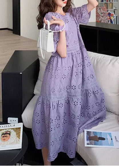 Fashion Purple Embroideried Hollow Out Patchwork Cotton Dress Puff Sleeve LY2195 - fabuloryshop