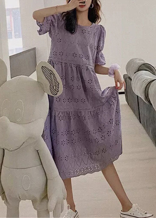 Fashion Purple Embroideried Hollow Out Patchwork Cotton Dress Puff Sleeve LY2195 - fabuloryshop