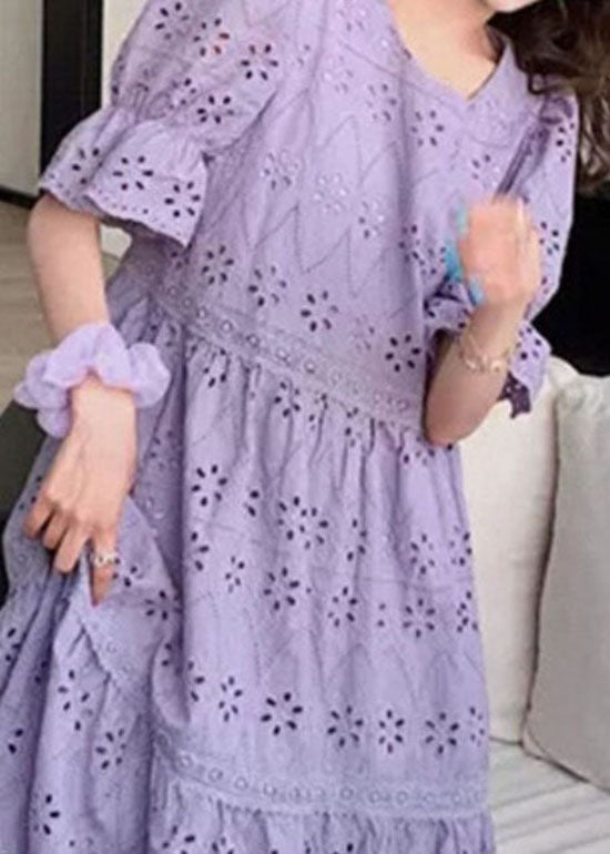 Fashion Purple Embroideried Hollow Out Patchwork Cotton Dress Puff Sleeve LY2195 - fabuloryshop