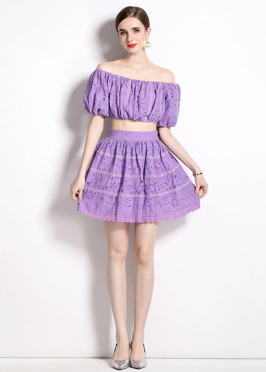 Fashion Purple Hollow Out Wrinkled Patchwork Cotton 2 Piece Outfit Summer LY7436 - fabuloryshop