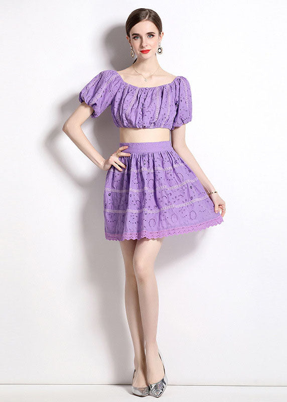 Fashion Purple Hollow Out Wrinkled Patchwork Cotton 2 Piece Outfit Summer LY7436 - fabuloryshop