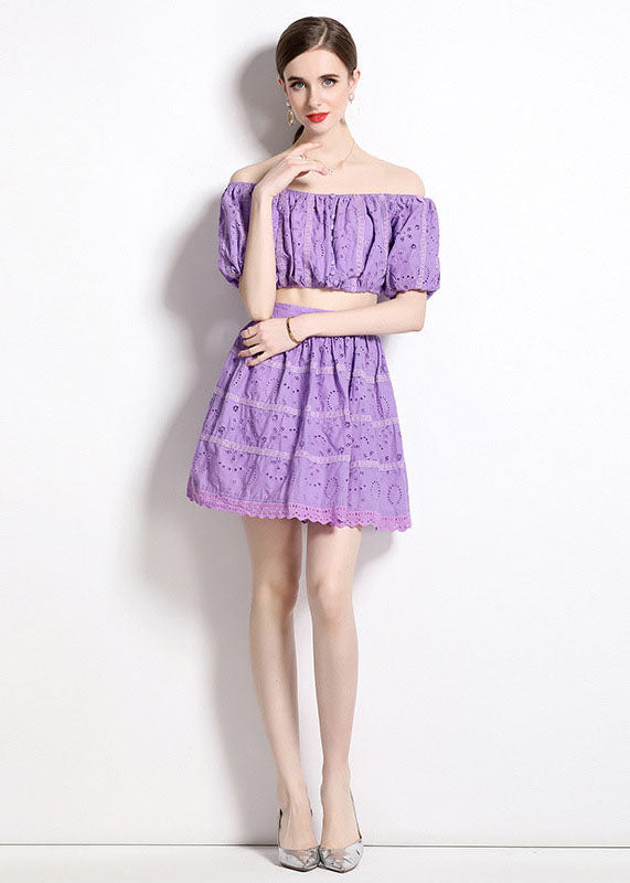 Fashion Purple Hollow Out Wrinkled Patchwork Cotton 2 Piece Outfit Summer LY7436 - fabuloryshop