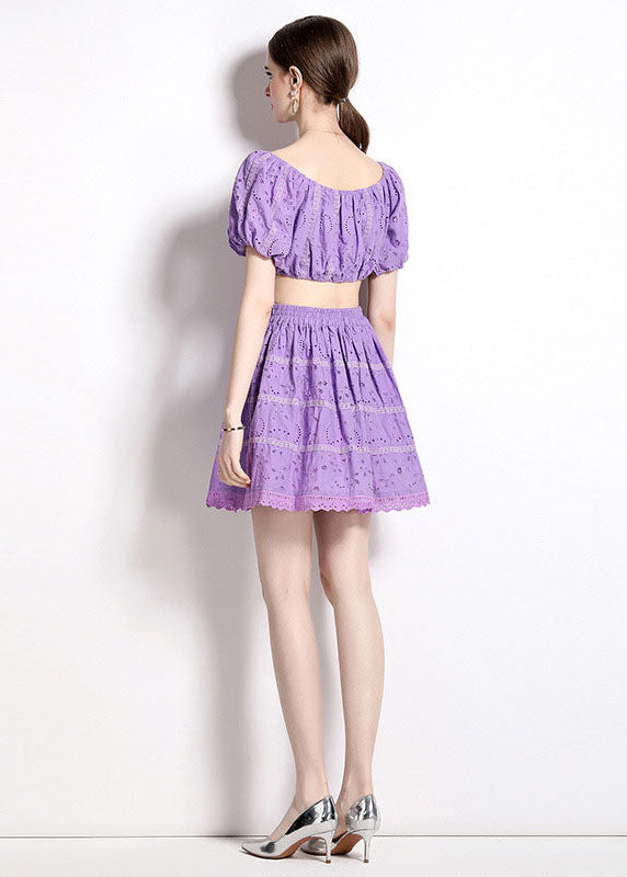 Fashion Purple Hollow Out Wrinkled Patchwork Cotton 2 Piece Outfit Summer LY7436 - fabuloryshop