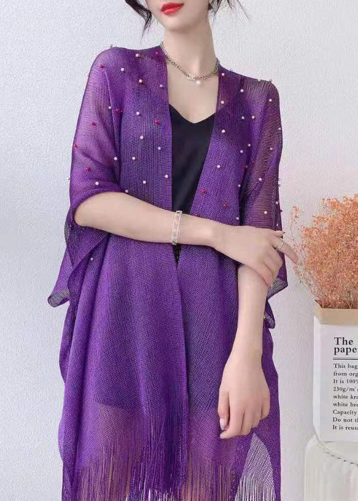 Fashion Purple Nail Bead Tassel Patchwork Tulle Cape Fall Ada Fashion