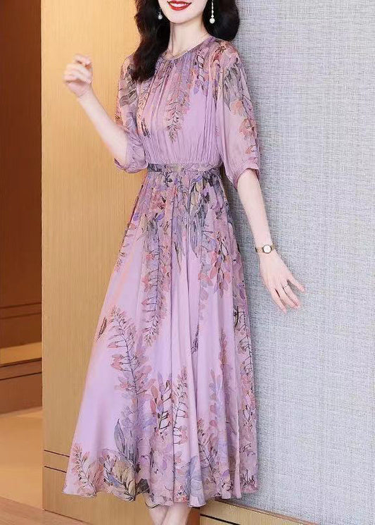 Fashion Purple O-Neck Print Chiffon Maxi Dresses Summer LY0513 - fabuloryshop