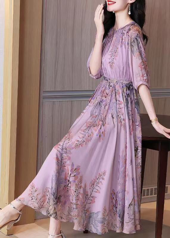 Fashion Purple O-Neck Print Chiffon Maxi Dresses Summer LY0513