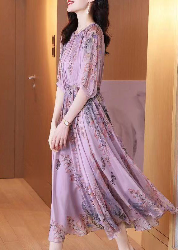 Fashion Purple O-Neck Print Chiffon Maxi Dresses Summer LY0513 - fabuloryshop