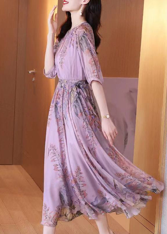 Fashion Purple O-Neck Print Chiffon Maxi Dresses Summer LY0513 - fabuloryshop