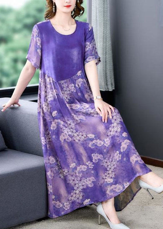 Fashion Purple O Neck Print Wrinkled Patchwork Silk Dress Summer LY4542 - fabuloryshop