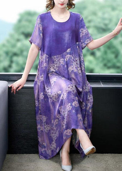 Fashion Purple O Neck Print Wrinkled Patchwork Silk Dress Summer LY4542 - fabuloryshop